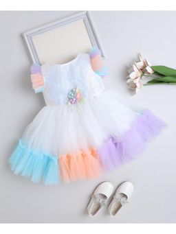 The Magic Wand - Woven Frill Sleeves Corsage Detailed Flared Dress- Multi Colour