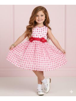 The Magic Wand - Woven Polka Dots Printed Flared Dress With Floral Applique - Pink