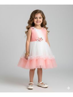 The Magic Wand - Woven Tiered Tulle Dress With Floral Applique - Peach