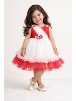 The Magic Wand - Woven Tiered Tulle Dress With Floral Applique - Red