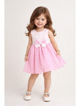 The Magic Wand - Woven Polka Dot Pearl Flared Dress With Bow Applique - Pink