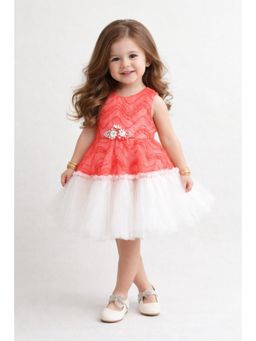 The Magic Wand - Woven Zig Zag Laced Flared Tulle Dress With Floral Applique - Red