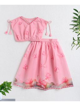 The Magic Wand - Chanderi Printed Drawstring Sleeves Choli And Lehenga With Lace - Pink