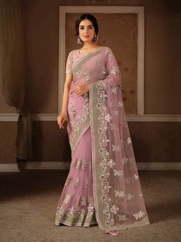 Odette - Pink Net Designer Saree with Unstitched Blouse