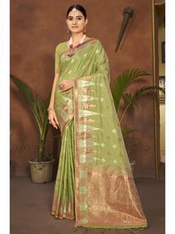 Sangam Prints - Light Green Silk Woven Zari Work Traditional Tassel Saree with Unstitched Blouse