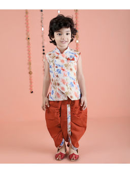 Kids Island - Rust Cotton Sleeveless Printed Kurta with Dhoti