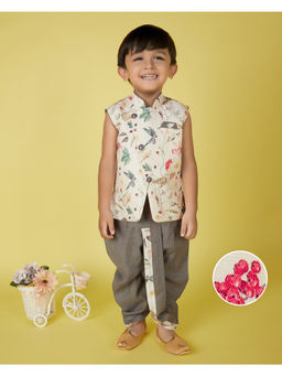 Kids Island - Cream Cotton Sleeveless Printed Kurta with Dhoti