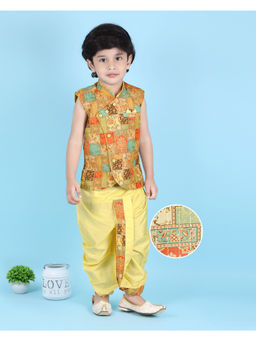 Kids Island - Yellow Cotton Sleeveless Printed Kurta with Dhoti