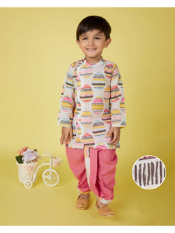 Kids Island - White Cotton Full Sleeves Printed Kurta with Dhoti
