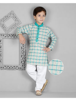 Kids Island - Teal Blue Cotton Full Sleeves Checks Kurta with Pyjama