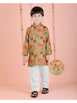 Kids Island - Multi-Color Cotton Full Sleeves Printed Kurta with Pant