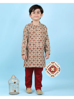 Kids Island - Maroon Cotton Full Sleeves Printed Kurta with Pant