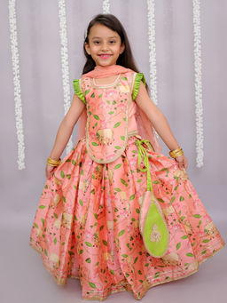 The Little Tales - Girls Peach Floral Print Choli with Lehenga & Dupatta