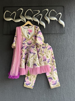 The Little Tales - Girls Off White Floral Print Kurta with Pant & Dupatta