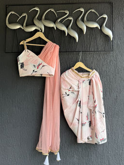 The Little Tales - Peach Bird Print Top with Dhoti with Attached Dupatta