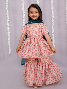 The Little Tales - Peach Floral Print Kurti with Sharara & Dupatta