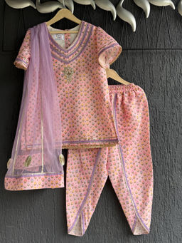 The Little Tales - Pink Floral Print Kurti with Dhoti & Dupatta