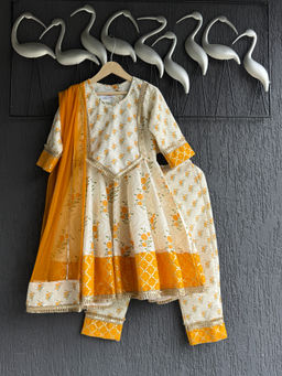 The Little Tales - Yellow Floral Print Anarkali Kurta with Pant & Dupatta