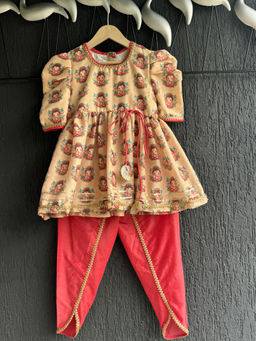 The Little Tales - Beige Ganpati Print Kurti with Dhoti