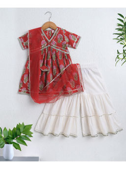 The Magic Wand - Red Cotton Half Sleeves Floral Gota Lace Kurta with Sharara & Dupatta