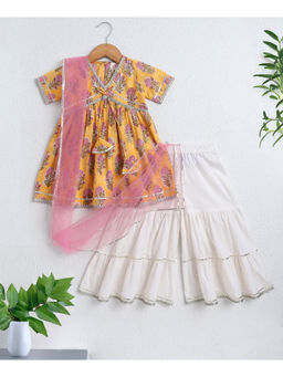 The Magic Wand - Yellow Cotton Half Sleeves Floral Gota Lace Kurta with Sharara & Dupatta