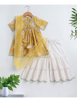 The Magic Wand - Yellow Cotton Half Sleeves Floral Printed Kurta with Sharara & Dupatta
