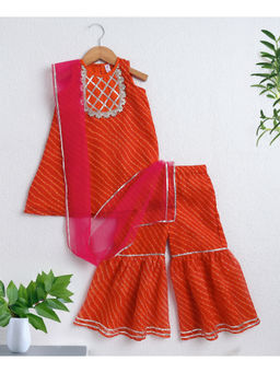 The Magic Wand - Orange Sleeveless Leheriya Printed Gota Lace Kurta with Sharara & Dupatta