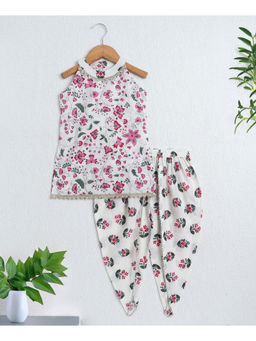 The Magic Wand - White Cotton Floral Printed Gota Lace Top with Dhoti