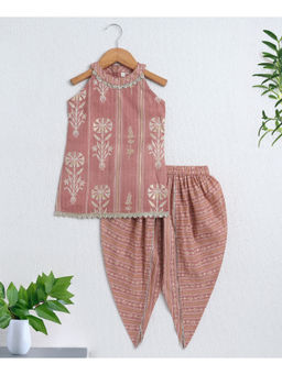 The Magic Wand - Beige Cotton Halter Neck Foil Gota Lace Top with Dhoti