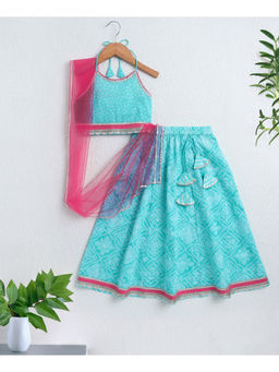 The Magic Wand - Blue Cotton Halter Neck Bandhani Printed Choli with Lehenga & Dupatta