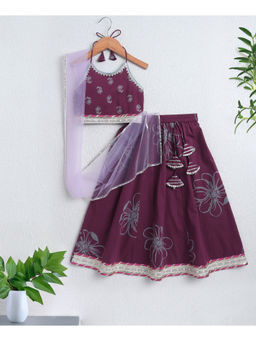 The Magic Wand - Wine Cotton Halter Neck Floral Choli with Lehenga & Dupatta