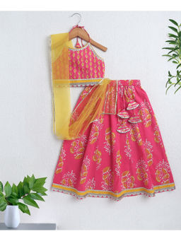 The Magic Wand - Pink Cotton Halter Neck Floral Printed Choli with Lehenga & Dupatta