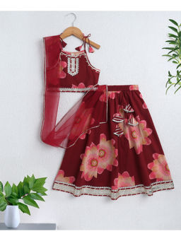 The Magic Wand - Maroon Floral Printed Lace Detailing Choli with Lehenga & Dupatta