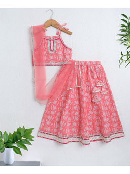 The Magic Wand - Peach Shoulder Tie-Up Floral Printed Choli with Lehenga & Dupatta