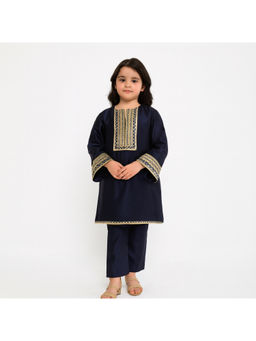 Tiny Pants - Navy Blue Embroidered Kurta with Pant & Dupatta