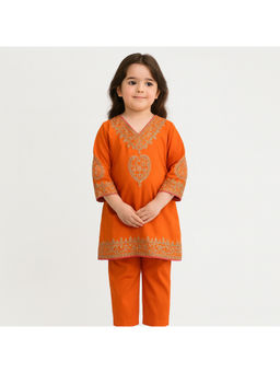 Tiny Pants - Orange Embroidered Festive Kurta with Pant & Dupatta
