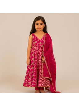Tiny Pants - Fuchsia Pink Anarkali Kurta with Pant & Dupatta