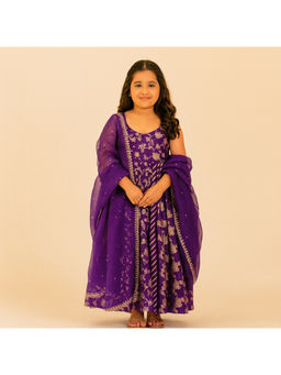 Tiny Pants - Purple Embroidered Anarkali Kurta with Pant & Dupatta