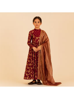 Tiny Pants - Maroon Print Long Anarkali Kurta with Pant & Dupatta