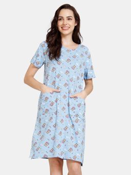 Zivame - Summer Treat Knit Cotton Mid Length Nightdress - Blue Bell