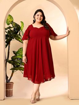 Desi Noor - Maroon Solid Flared Midi Dress