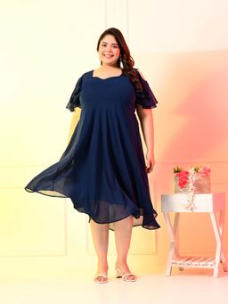 Desi Noor - Teal Solid Flared Midi Dress