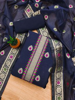 JATRIQQ - Blue Woven Unstitched Kurta and Bottom with Dupatta (Set of 3)
