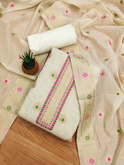 JATRIQQ - White Woven Unstitched Kurta and Bottom with Dupatta (Set of 3)