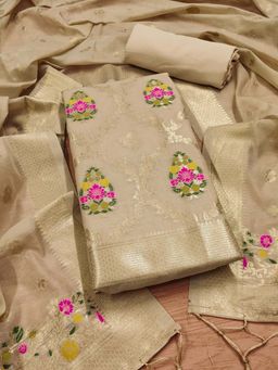 JATRIQQ - Beige Woven Unstitched Kurta and Bottom with Dupatta (Set of 3)