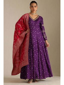 Soch - Purple Woven A-Line Evening Gown and Dupatta (Set of 2)