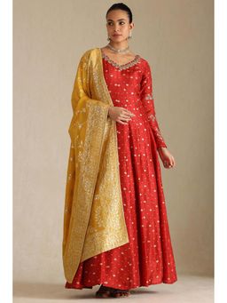 Soch - Rust Woven A-Line Evening Gown and Dupatta (Set of 2)