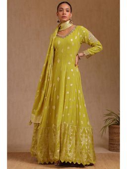 Soch - Mustard Woven A-Line Evening Gown and Dupatta (Set of 2)