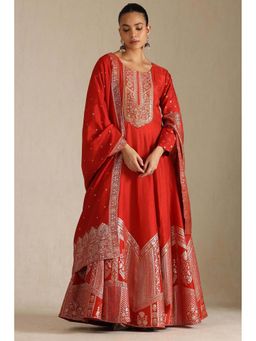 Soch - Rust Floral A-Line Evening Gown and Dupatta (Set of 2)