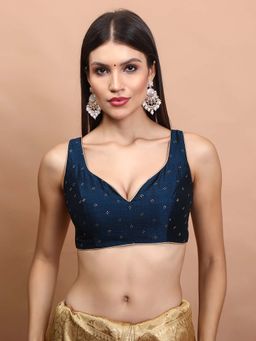 SALWAR STUDIO - Navy Blue Woven Stitched Blouse